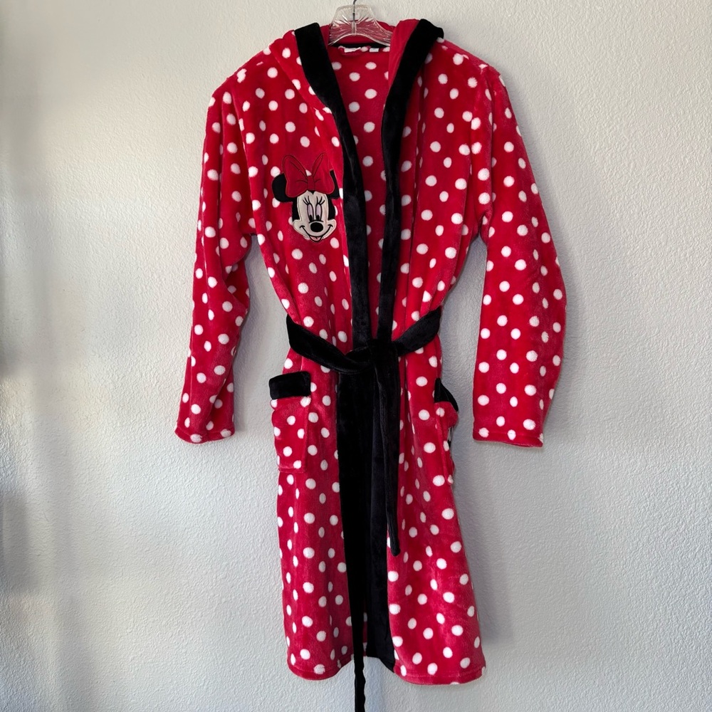 Disney Women’s Minnie Mouse Fleece Robe Size Medium Polka Dots Hooded Cozy Soft
